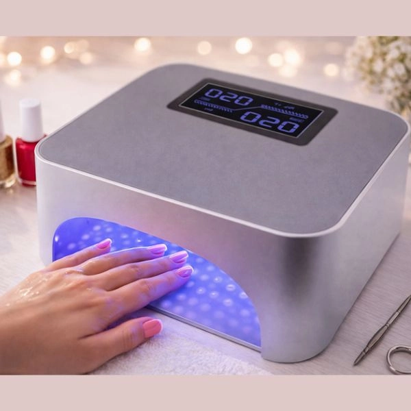 LED lampa na nehty EQ 36W - stříbrná s LCD displejem, senzor, časovač