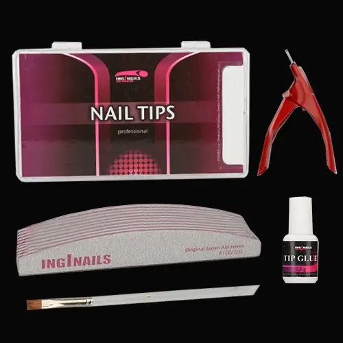Modelovací SADA: 10 ks pilníků na nehty + nehtové tipy + lepidlo na nehty + gilotina + štětec