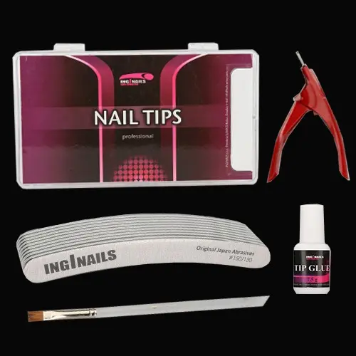 Modelovací SADA: 10 ks pilníků na nehty + nehtové tipy + lepidlo na nehty + gilotina + štětec